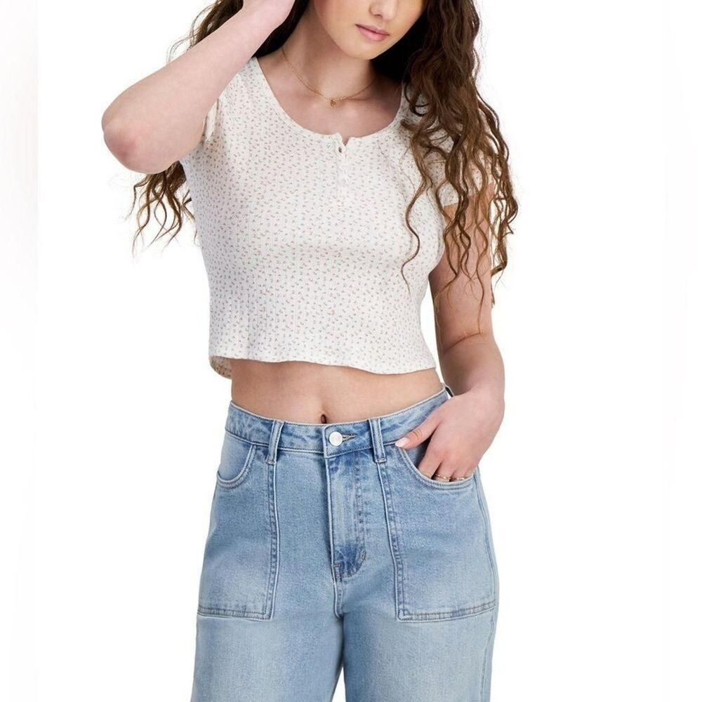Just Polly White Floral Print Crop Top Short Sleeve Womens